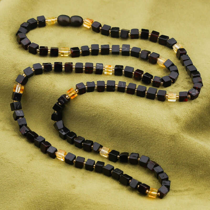 Amber Beaded Necklace - Natural Square Cut Gemstone Statement Design