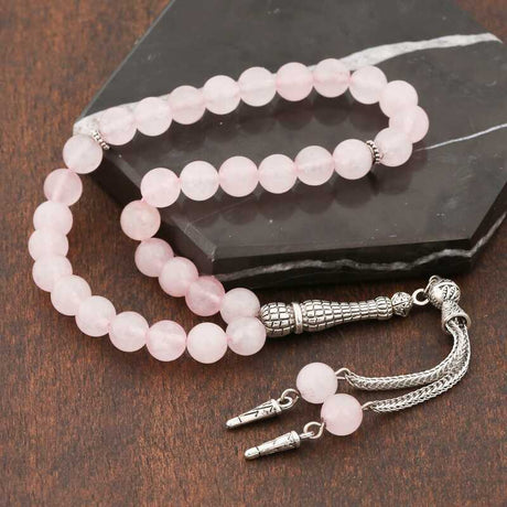 Rose Quartz Prayer Beads - Natural Gemstone Tesbih with Silver-Tone Tassel