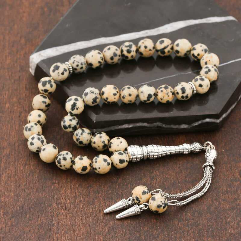 Tesbih - Dalmatian Jasper Stone with Silver-Tone Tassel