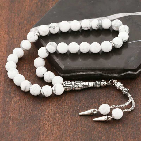 Howlite Stone Prayer Beads - Elegant Sterling Silver Tasbih