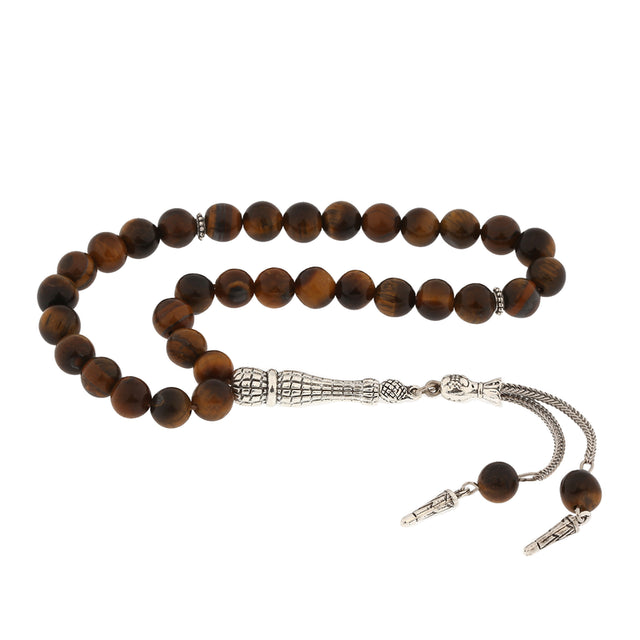 Tesbih - Natural Tiger's Eye Stone with Elegant Silver-Tone Metal Tassel