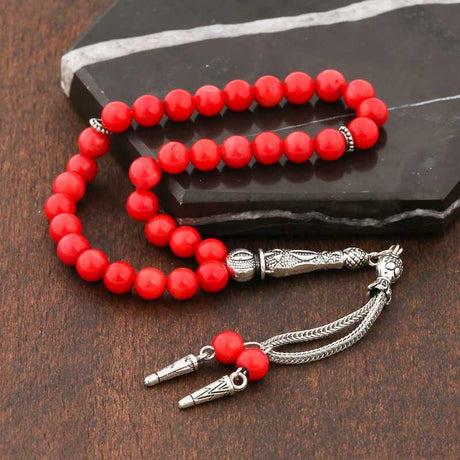 Tesbih Prayer Beads - Red Coral & Sterling Silver Ornate Design