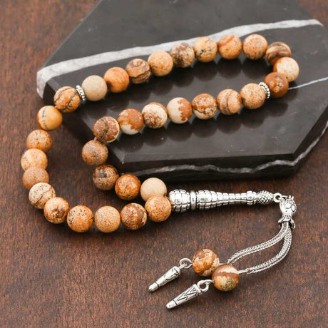 Tasbih - Natural Jasper Stone Prayer Beads with Elegant Silver-Tone Tassel