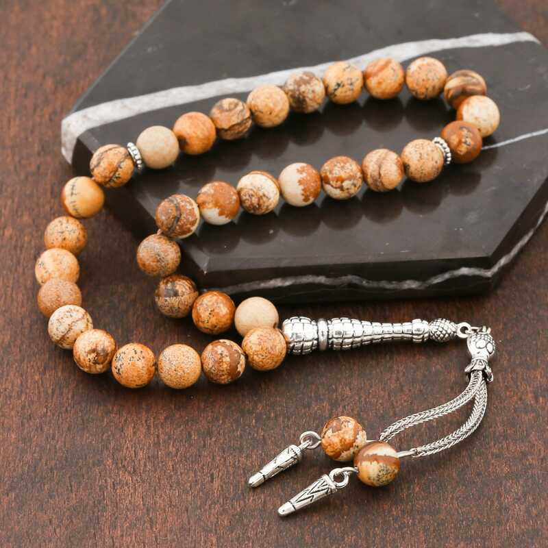 Tasbih - Chapelet de prière en jaspe naturel avec pompon élégant ton argenté