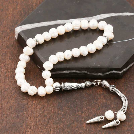 Pearl Tesbih - Natural Freshwater Pearl Prayer Beads with Silver Tassel