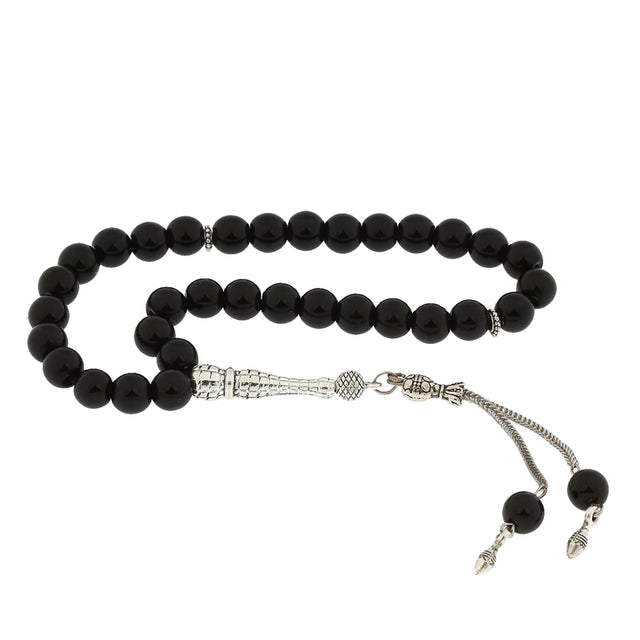 Onyx Stone Prayer Beads - Elegant Silver-Tone Tasseled Tesbih