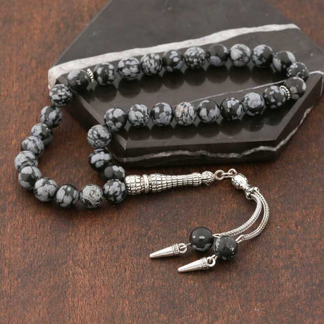 Tesbih - Snowflake Obsidian Prayer Beads with Elegant Metal Tassel