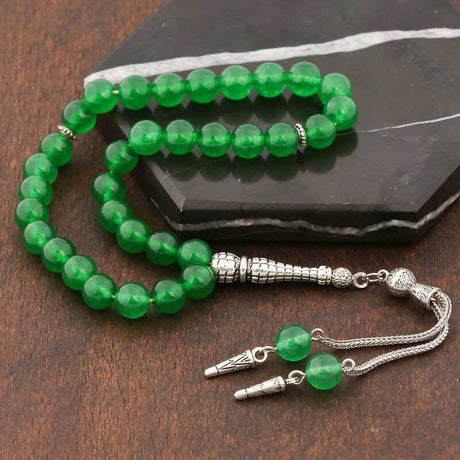 Handmade Tesbih - Green Jade Stone with Elegant Silver-Tone Tassel