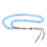 Blue Jade Stone Tesbih - Silver-Tone Tasseled Prayer Beads