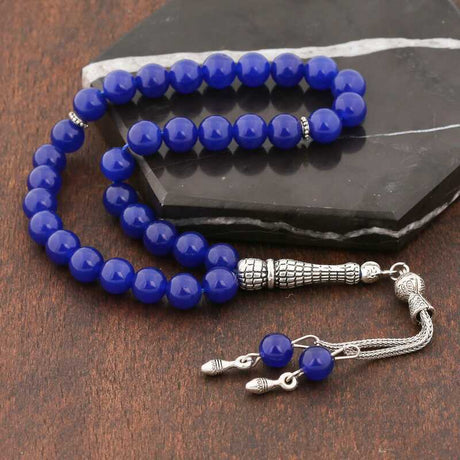 Tasbih Prayer Beads - Blue Jade Stone with Silver-Tone Tassel