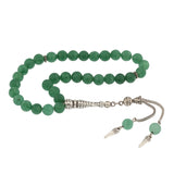 Green Jade Tesbih - Ornate Silver-Tone Metal Tassel Prayer Beads