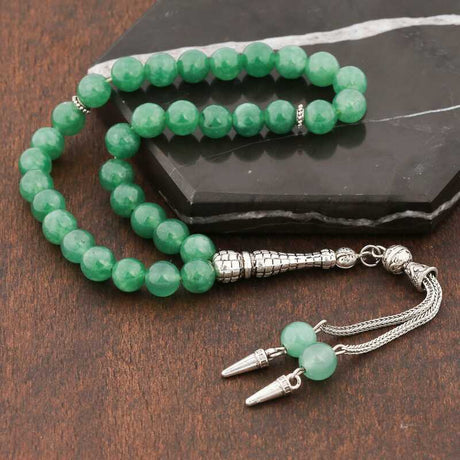 Green Jade Tesbih - Ornate Silver-Tone Metal Tassel Prayer Beads