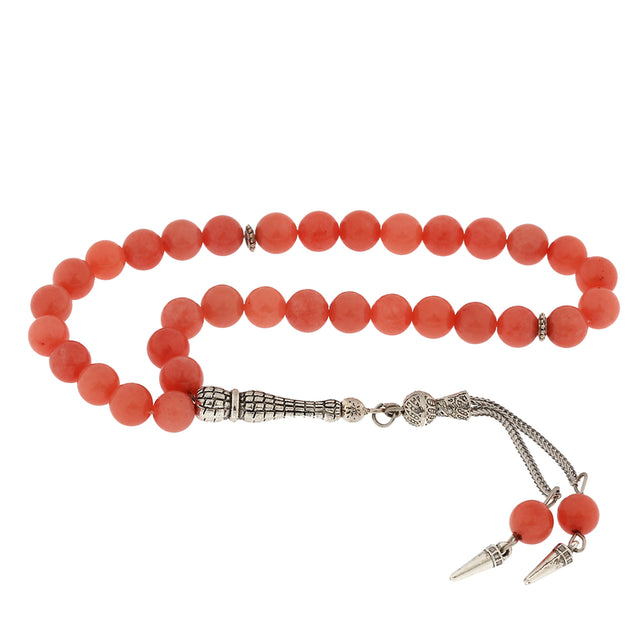 Prayer Beads - Natural Pink Jade Stone with Silver-Tone Tassel