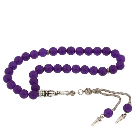 Tesbih - Purple Stone with Ornate Silver-Tone Metal Tassel