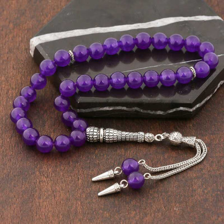 Tesbih - Purple Stone with Ornate Silver-Tone Metal Tassel