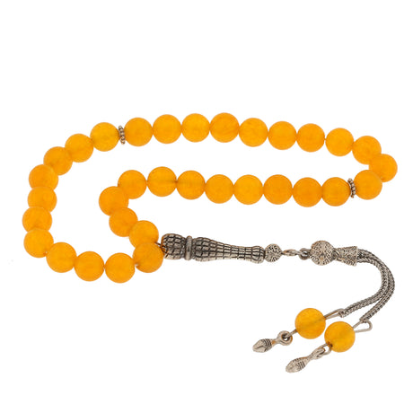 Tesbih - Yellow Jade Stone Handcrafted Prayer Beads with Silver-Tone Tassel