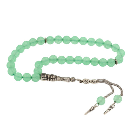 Jade Stone Tesbih - Spiritual Silver-Tone Prayer Beads