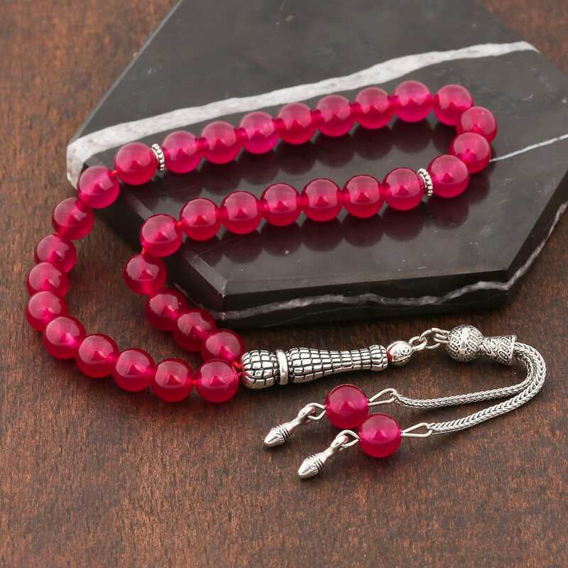 Tesbih gebedskralen - fuchsia jadensteen met sterling zilver