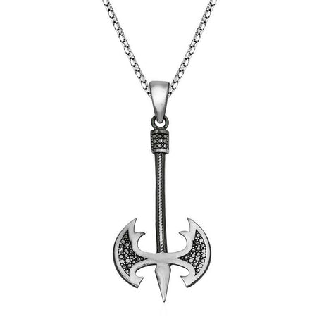 Men's Sterling Silver Axe Pendant Necklace - Dark Pavé Stone Design