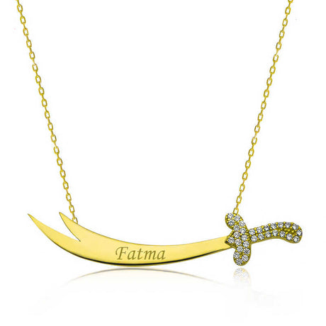 Gold Plated Sterling Silver Zulfiqar Sword Necklace - Personalized Name Pendant