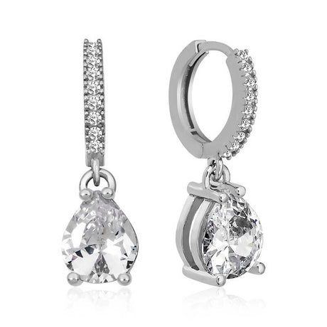 Drop Earrings - Rhodium Plated Sterling Silver Sparkling Teardrop