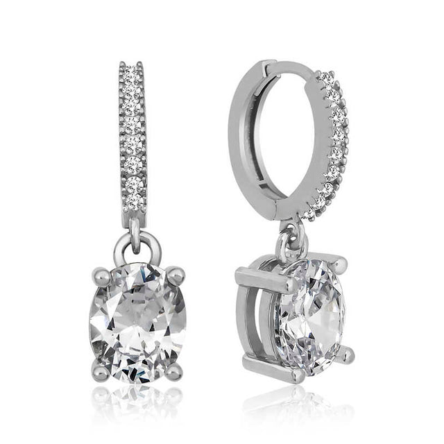 Hoop Earrings - Sterling Silver Oval Solitaire & Pave Dangle