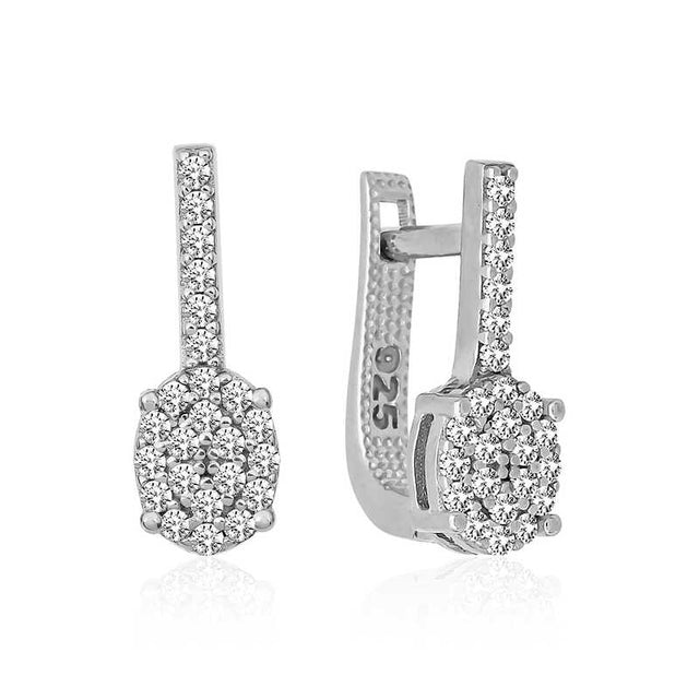 Drop Earrings - Sterling Silver Dazzling Cubic Zirconia Cluster