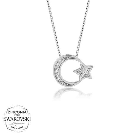 Sterling Silver Necklace - Sparkling Zirconia Crescent Moon & Star