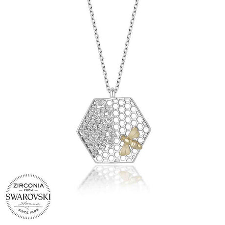 Necklace - Sparkling Zirconia & Sterling Silver Honeycomb Bee Pendant