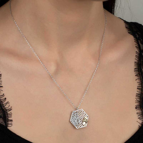 Necklace - Sparkling Zirconia & Sterling Silver Honeycomb Bee Pendant