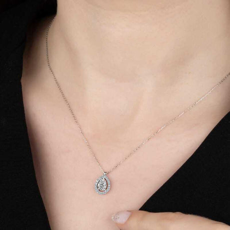 Sterling Silver Swarovski Zirconia Pear Halo Pendant Necklace