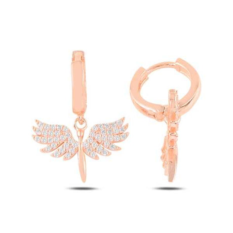 Dangle Hoop Earrings - Rose Gold Plated Angel Wing Sparkle