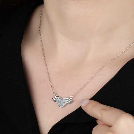 Necklace - Silver-Tone Pave Crystal Angel Wing Heart