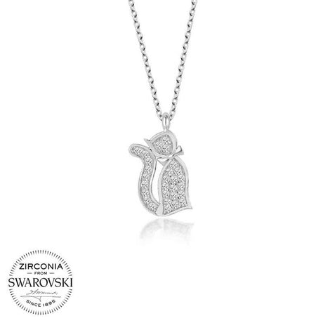 Sterling Silver Necklace - Dazzling Zirconia Swarovski Cat Pendant