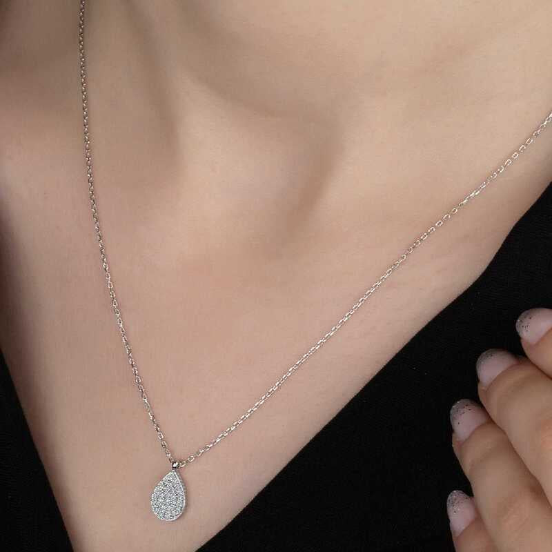Sterling Silver Teardrop Necklace with Sparkling Zirconia Pave