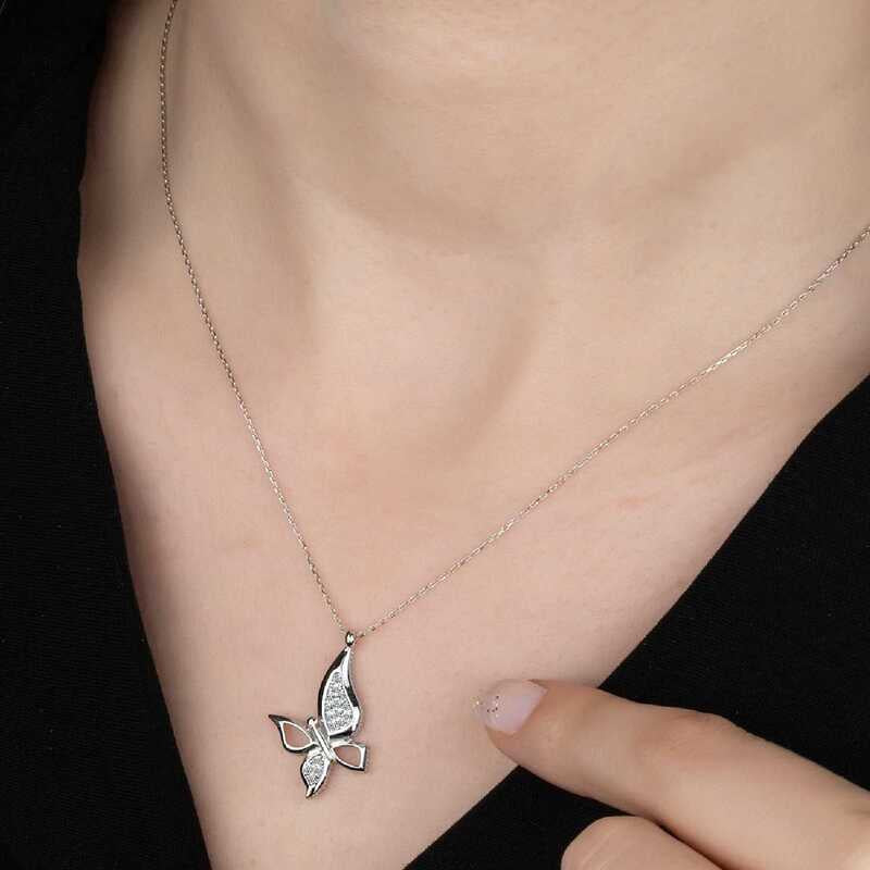 Sterling Silver Zirconia Butterfly Necklace - Sparkling Pendant