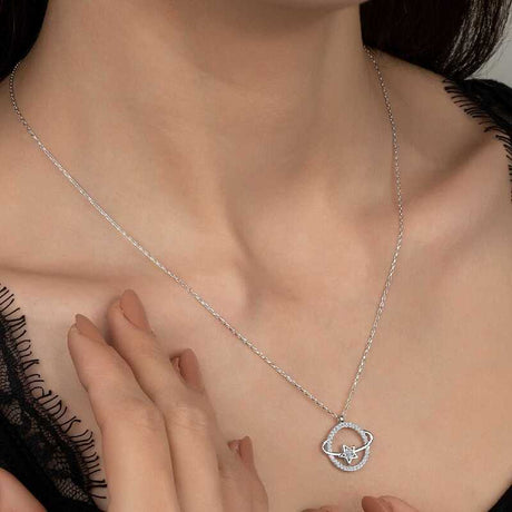 Necklace - Sterling Silver Zirconia Celestial Planet Star Pendant