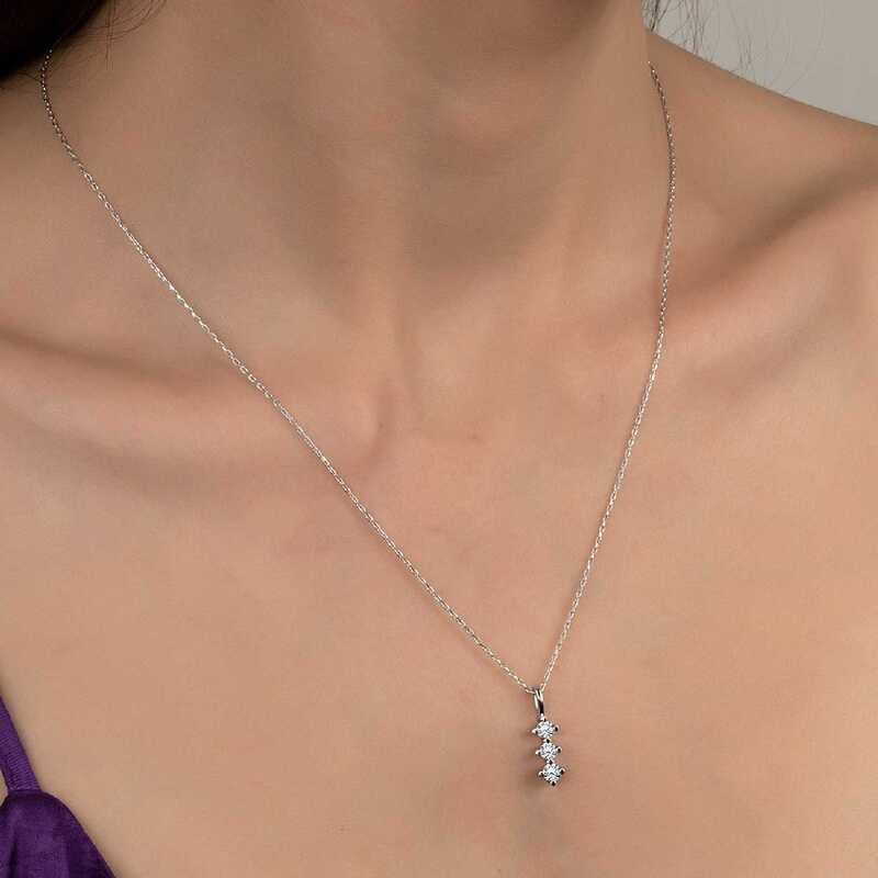 Zirconia Three Stone Drop Necklace - Dainty Silver-Tone Pendant