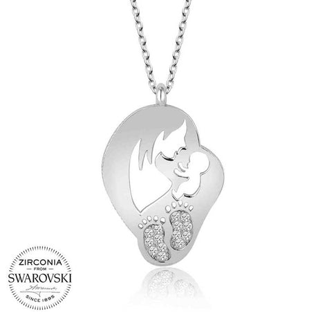 Sterling Silver Mother & Baby Zirconia Embrace Necklace
