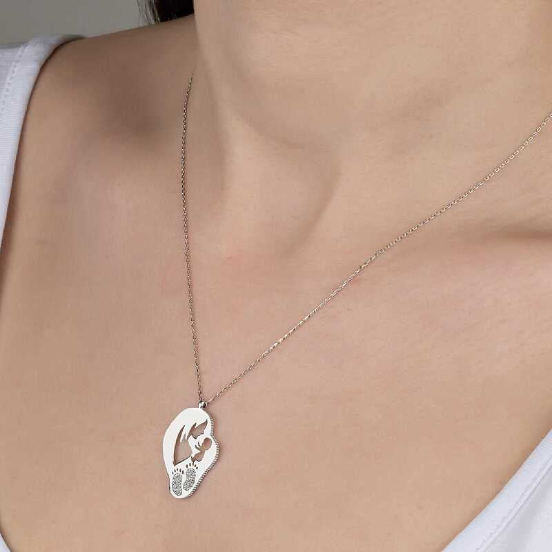 Sterling Silver Mother & Baby Zirconia Embrace Necklace