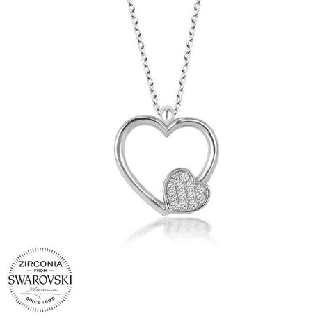Necklace - Sterling Silver Swarovski Zirconia Pave Double Heart Pendant