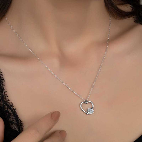 Necklace - Sterling Silver Swarovski Zirconia Pave Double Heart Pendant