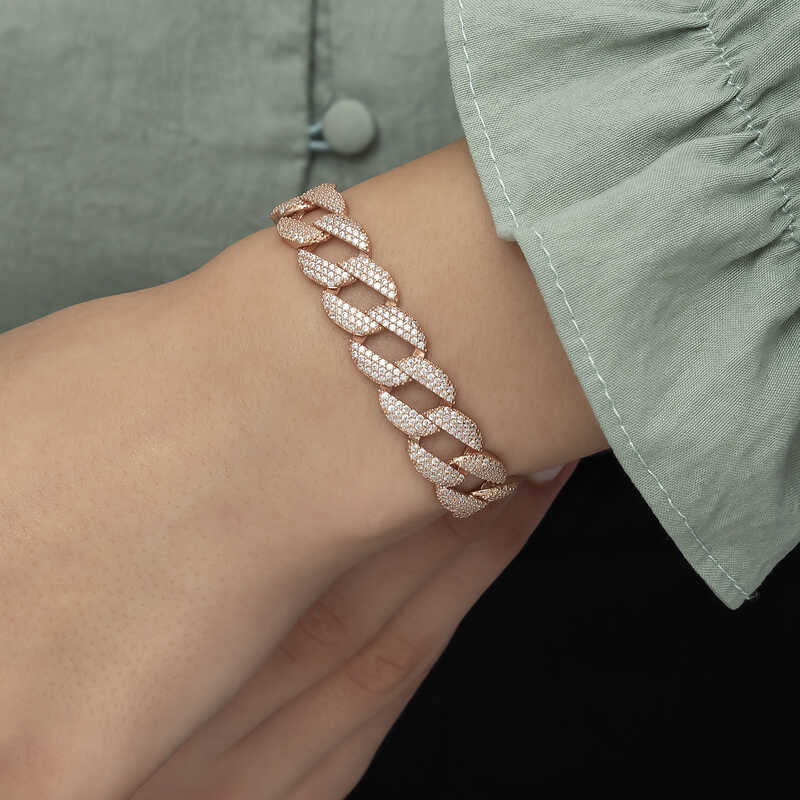 Rose Gold Plated Sterling Silver Bracelet - Iced Out Cuban Link