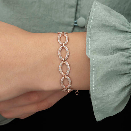 Bracelet - Rose Gold-Tone Sterling Silver Oval Link with Sparkling Stones