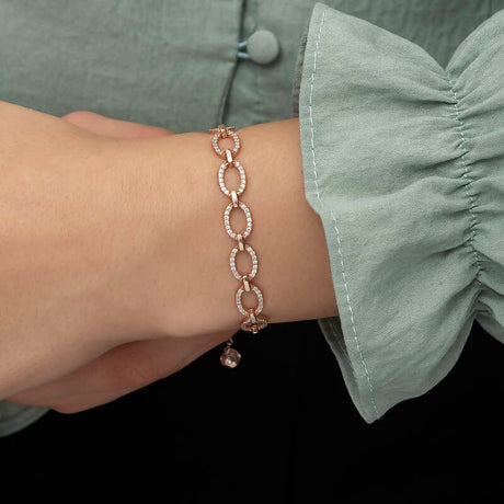 Rose Gold Plated Sterling Silver Bracelet - Dazzling Oval Pave Links
