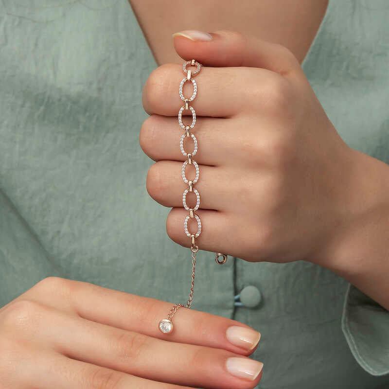 Rose Gold Plated Sterling Silver Bracelet - Dazzling Oval Pave Links