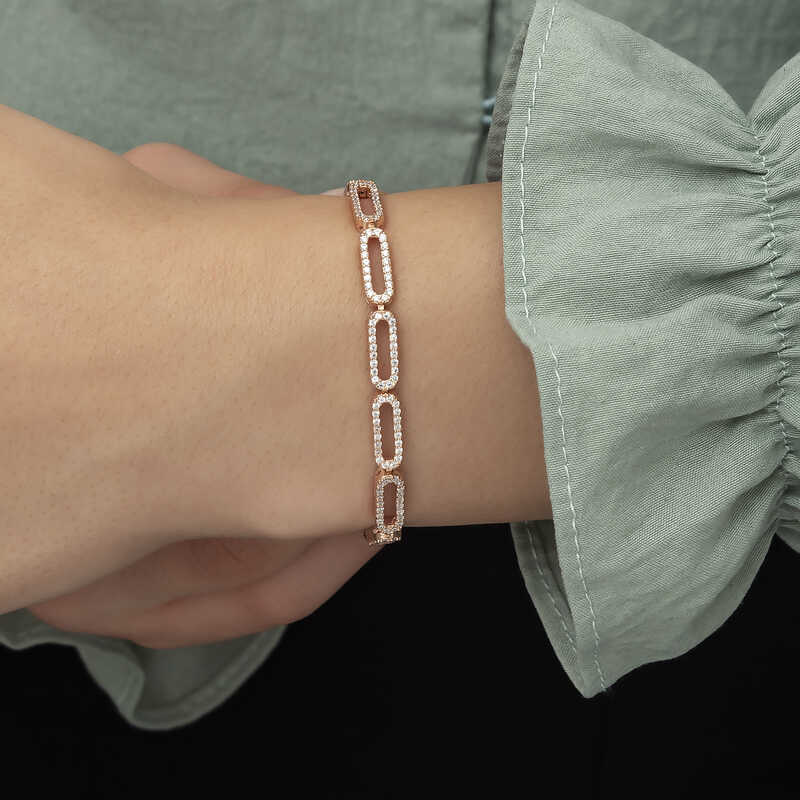 Rose Gold Plated Sterling Silver Bracelet - Sparkling Oval Link