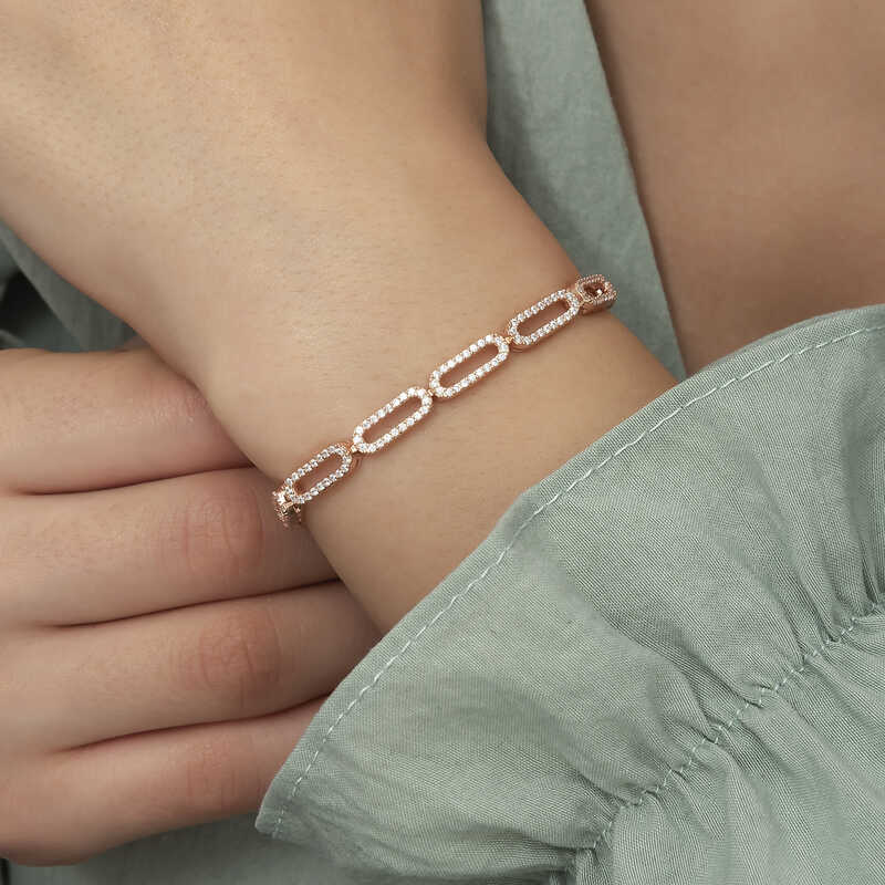 Rose Gold Plated Sterling Silver Bracelet - Sparkling Oval Link