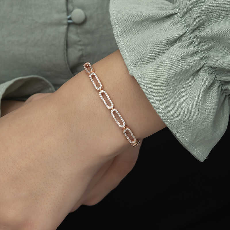 Rose Gold Plated Sterling Silver Bracelet - Sparkling Oval Link