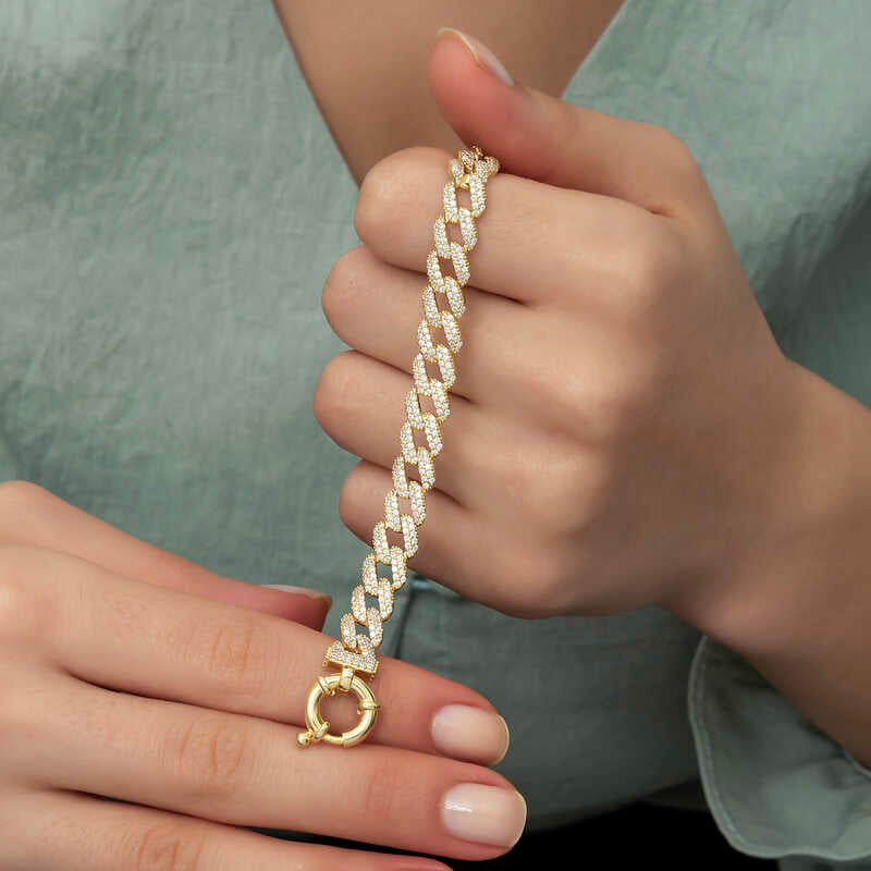 Bracelet - Gold-Tone Pave Curb Chain Bracelet - Dazzling Iced Out Style